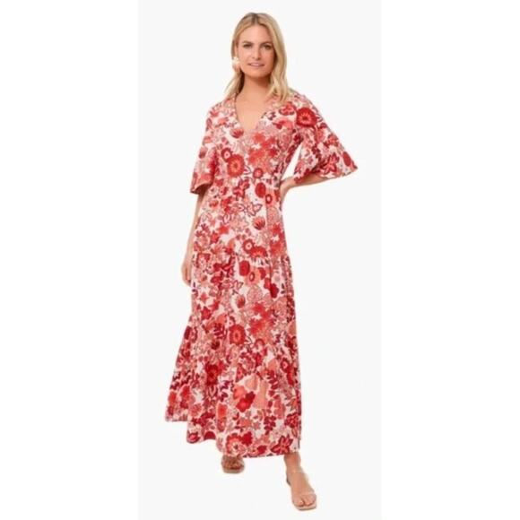 Tuckernuck Dresses & Skirts - Tuckernuck Ginger Maxi Dress Spiced Chintz Red Floral Print Tiered Bell Sleeve S